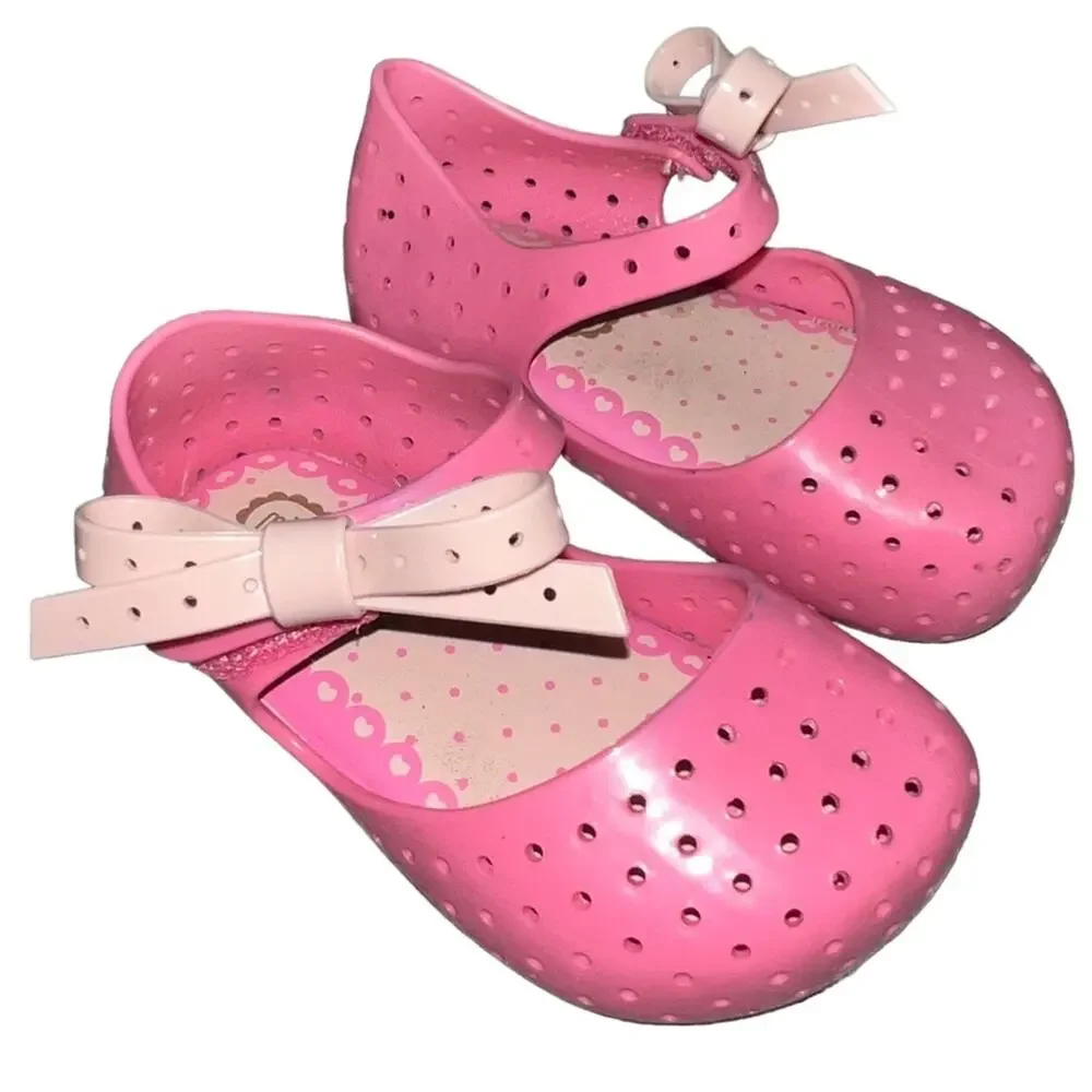 21 Mini Melissa Furadinah Pink Jelly PVC Perforated Mary Jane Flat Bow Sandals